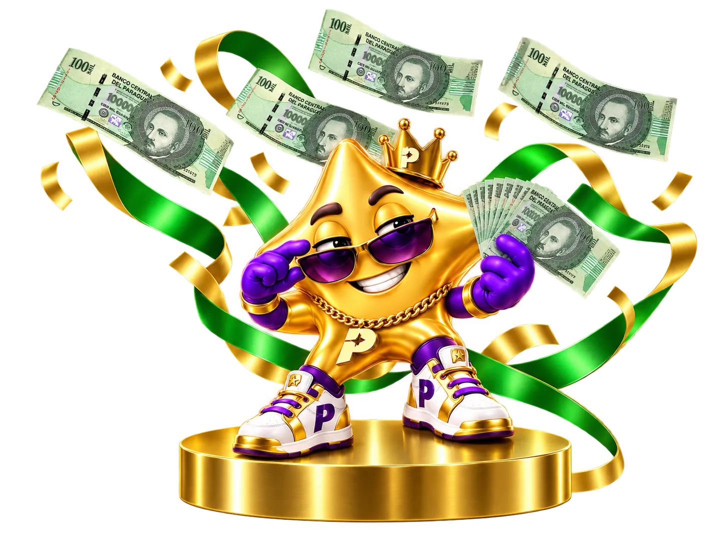 Mascota de Premiazo sobre un podio dorado, rodeada de billetes de cien mil guaraníes