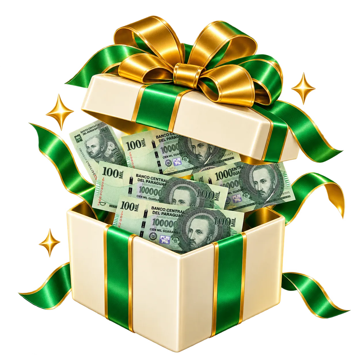 Caja de regalo abierta llena de billetes de cien mil guaraníes